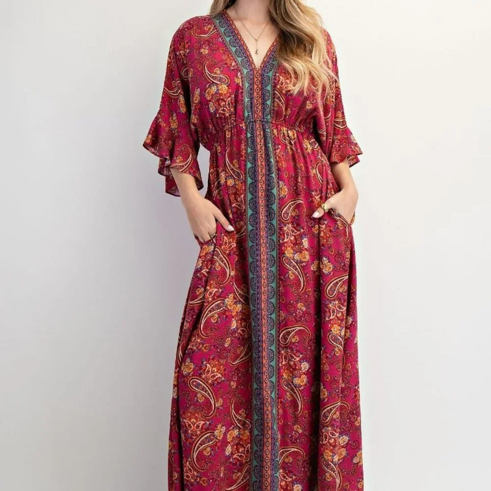 NWT Easel Magenta Border Print Challis Maxi Dress – Wing Sleeve Boho V-Neck Dres - Picture 1 of 4